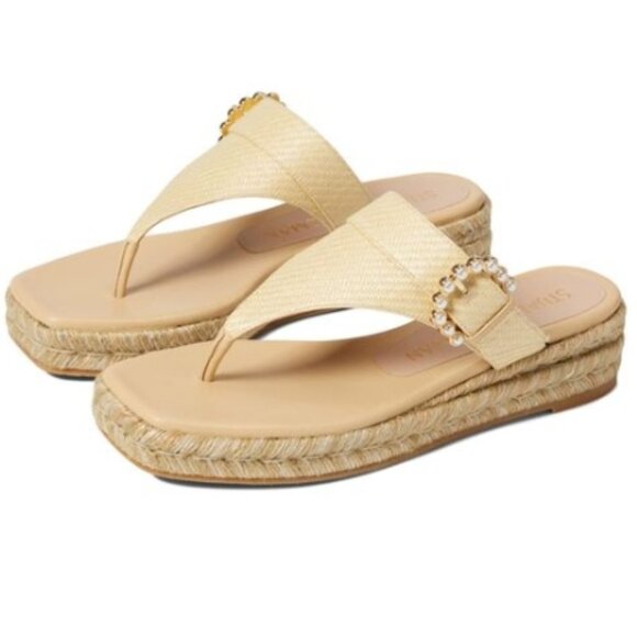 Stuart Weitzman Metallic Pearly-Buckle Thong Espadrille Sandals – Wheat 9 NWT - Picture 2 of 8